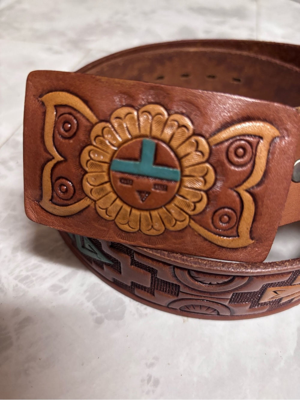 1970s Handcrafted and Hand Painted Brown Leather Belt Zuni Sun Southwest